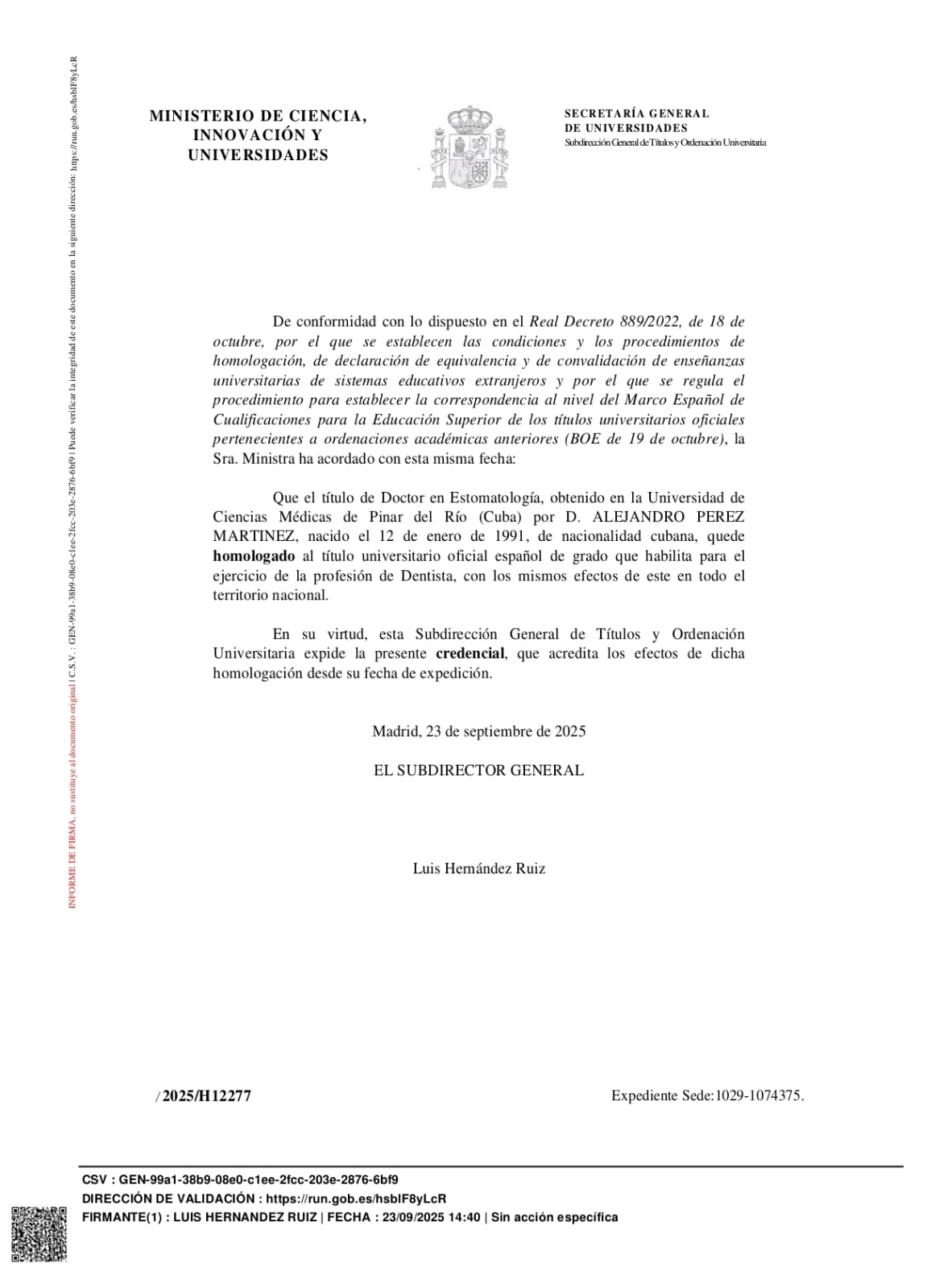Resolucion de homologacion de Dentista en España